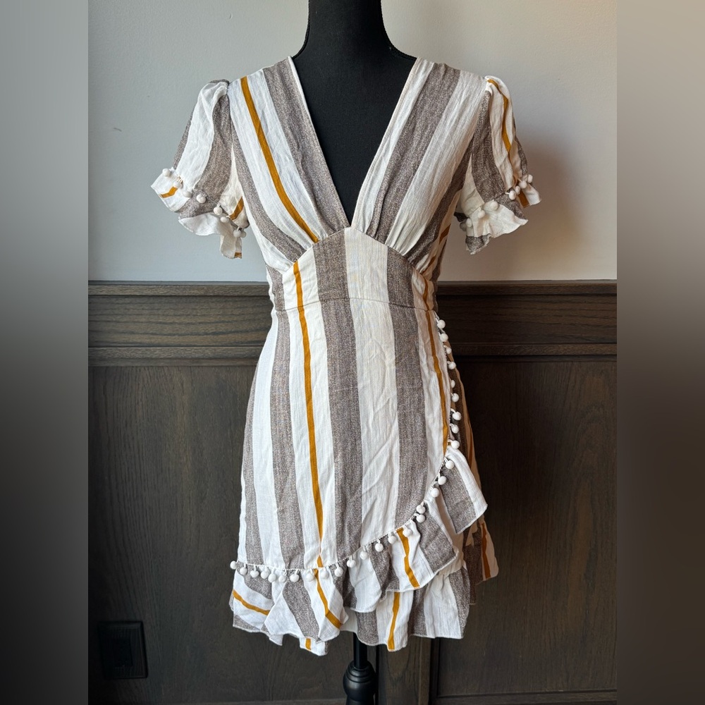 Simplee Apparel Striped Wrap Mini Dress - White, Brown & Mustard - Picture 1 of 8
